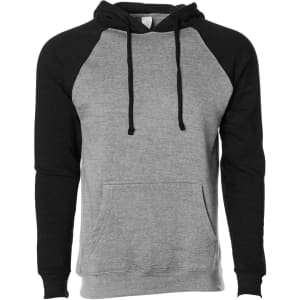 A unisex pullover with a grey body and black raglan sleeves, featuring a front pocket and a hood.