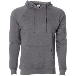 A grey unisex pullover hoodie featuring a kangaroo pocket and a drawstring hood, with a logo on the label.