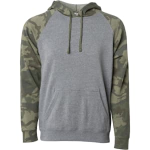 A unisex pullover in grey with camo-patterned sleeves and a front pocket, featuring a hood and drawstrings.