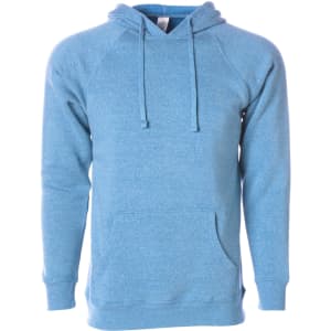 A blue unisex pullover hoodie featuring a front pocket and a drawstring hood. It has a logo on the label.