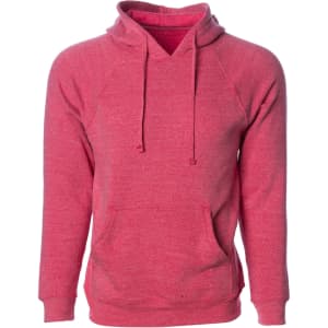 A unisex red pullover hoodie with a kangaroo pocket and a drawstring hood. Features a logo on the front.