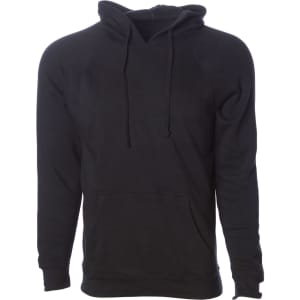 A unisex black pullover hoodie with a front pocket and drawstring hood. It features a logo on the front.
