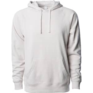 A unisex pullover hoodie in a light cream colour, featuring a front pouch pocket and a drawstring hood.