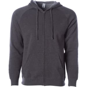A grey unisex zip-up hooded sweatshirt with a front zipper and pockets, featuring a logo on the chest.