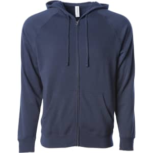 A navy unisex zip-up hoodie featuring a hood and front pockets, with a branding logo.