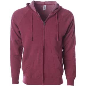 A maroon unisex zip hoodie featuring a front zipper and an adjustable hood, with a kangaroo pocket and a logo.