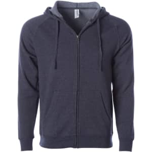 A unisex zip hood in a navy blue shade with a front zipper and two pockets. It features a hood and has a logo.