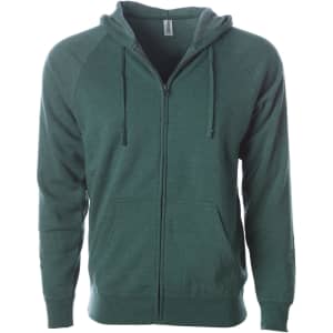 A green unisex zip hoodie with a front pocket and a hood. It has a logo on the label inside.