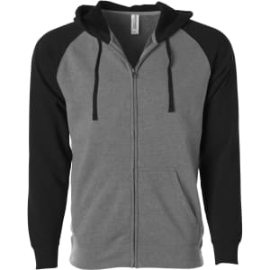 A unisex zip hoodie in grey with black sleeves, featuring a hood and front pockets. It has a branding logo.