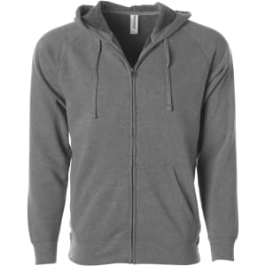 A grey unisex zip-up hoodie featuring a hood and front pockets, with a logo on the label.