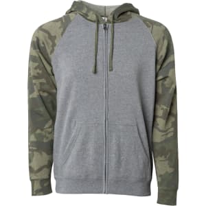A grey zip hood with camouflage sleeves, featuring a kangaroo pocket and drawstring hood. It has a logo on the front.