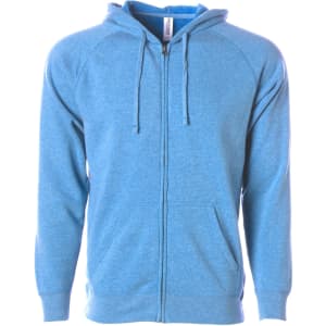 A blue unisex zip hooded sweatshirt with a front zipper and drawstring hood, featuring a logo on the label.