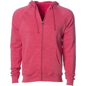 A red unisex zip-up hoodie with a front zip and drawstring hood, featuring raglan sleeves and a logo.