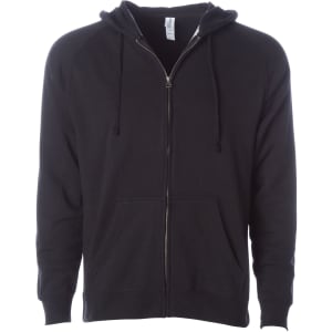 A black unisex zip hoodie featuring a front zipper, kangaroo pockets, and a drawstring hood.