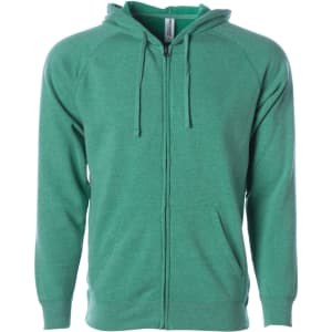 A green unisex zip hoodie with a kangaroo pocket and a hood, featuring a logo on the chest area.