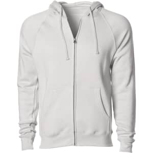 A unisex zip-up hooded sweatshirt in a light grey colour, featuring a front zip and pockets. It has a logo on it.