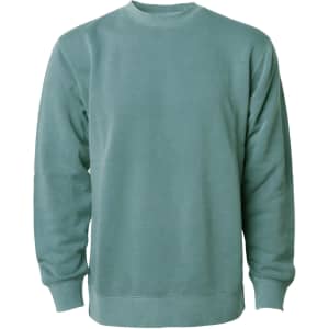 A unisex crew sweatshirt in a soft teal colour, featuring long sleeves and a classic neckline. It has a logo.
