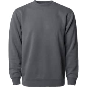 A unisex crew sweatshirt in a dark grey pigment dye, featuring long sleeves and a classic fit.