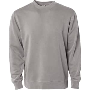A unisex crew sweatshirt in a light grey colour with long sleeves and a round neckline. It has a logo on the front.