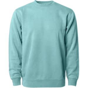 A unisex pigment dye crew in a light teal colour, featuring long sleeves and a round neckline. It has a logo.