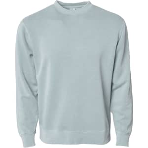 A unisex crew sweatshirt in a light blue hue with long sleeves and a round neckline. It features a logo.
