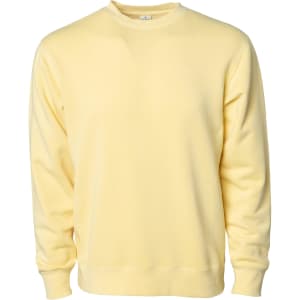 A unisex crew sweatshirt in a soft yellow hue. It features long sleeves and a round neckline, with a logo.