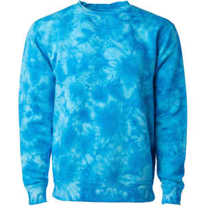 A blue tie-dye crew sweatshirt with a soft texture and a simple design. It features a logo on the front.