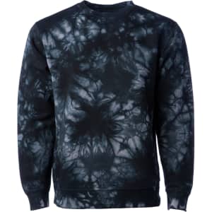 A unisex crew sweatshirt featuring a black and white tie-dye pattern. The garment has a round neck and long sleeves.