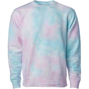 A unisex crew sweatshirt in soft pastel tie-dye shades of pink and blue, featuring a logo on the front.