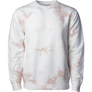 A unisex crew sweatshirt in white with a light pink tie-dye pattern, featuring a simple design and a logo.