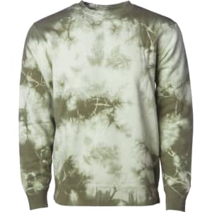 A unisex crew sweatshirt in various shades of olive green tie-dye with a simple design. Includes a logo.