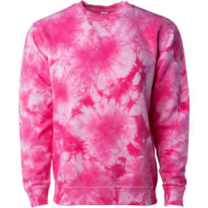 A pink tie dye crew sweatshirt with a floral pattern and a branding logo on the front.
