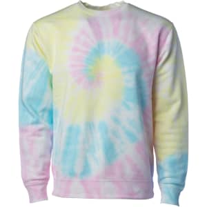A unisex crew sweatshirt in pastel tie-dye colours of pink, yellow, and blue. Features a logo on the front.