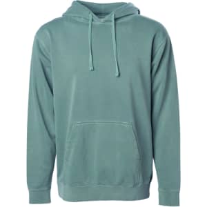 A unisex pigment dye pullover in a muted green colour with a front pocket and a hood. It features a logo.