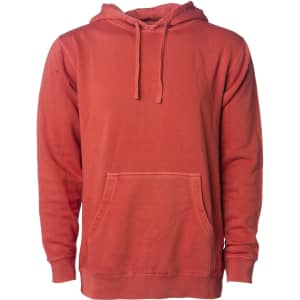 A unisex pigment dye pullover hoodie in a vibrant red colour, featuring a front pocket and a drawstring hood.