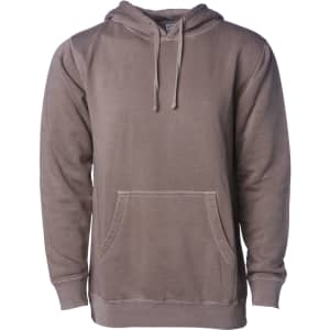 A unisex pullover in a brown pigment dye, featuring a hood and a front pocket. The product has a logo.