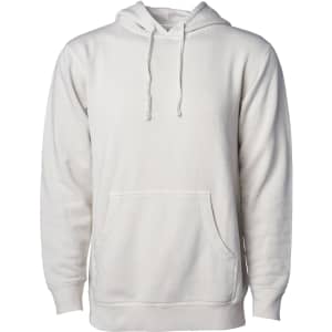 A unisex pullover hoodie in a light cream colour with a front pocket and drawstring hood, featuring a logo.