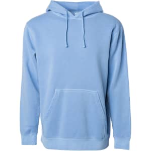 A unisex pullover hoodie in light blue with a front pocket and a hood. It features a logo.