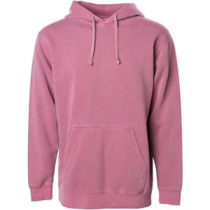 A unisex pullover hoodie in a soft pink hue, featuring a front pocket and a drawstring hood.