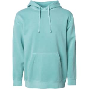 A unisex pullover hoodie in a soft mint green shade with a front pocket and a drawstring hood. It features a logo.