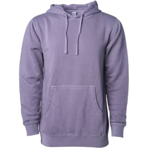 A unisex pullover hoodie in a soft lavender shade, featuring a front pocket and a drawstring hood.