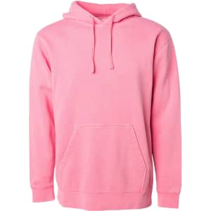 A unisex pullover in vibrant pink, featuring a hood and front pocket. Includes a logo.