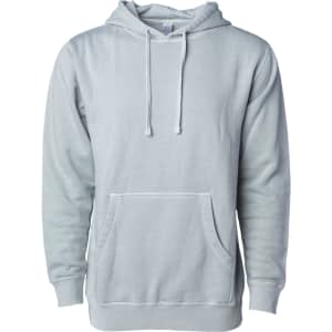 A light grey unisex pigment dye pullover hoodie with a front pocket and drawstring hood. Features a logo.