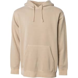 A unisex pullover hoodie in a soft beige colour, featuring a front pocket and a drawstring hood.