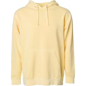 A unisex pullover hoodie in a soft yellow hue, featuring a front pocket and a hood. It has a logo on it.