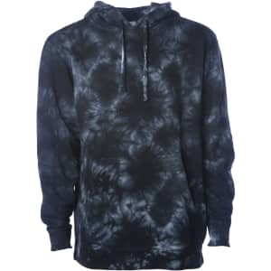 A unisex tie-dye pullover hood in black and grey with a circular pattern and a front pocket. It has a logo.