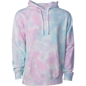 A unisex tie-dye pullover hood in pastel pink and blue, featuring a front pocket and a hood with drawstrings.