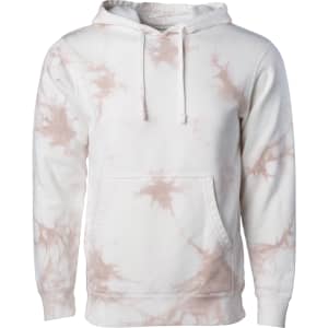 A unisex pullover hood in a tie-dye pattern featuring white and blush pink colours, with a front pocket and a logo.