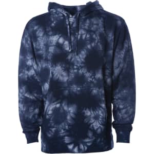A unisex pullover hoodie featuring a navy blue tie-dye pattern, complete with a front pocket and hood.