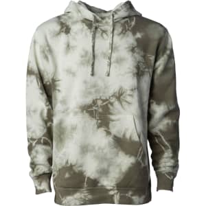 A unisex tie-dye pullover hood in cream and olive green, featuring a front pocket and a hood with drawstrings.